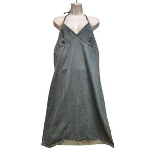 Vintage Route 66 Womens Blue Y2K Denim Halter Dress Size 14 Casual Open Back